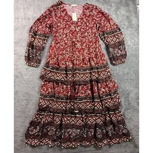 Aveology Maxi Faye Tiered Dress Floral Red NWT 16 Boho Long Sleeve Flame Bird